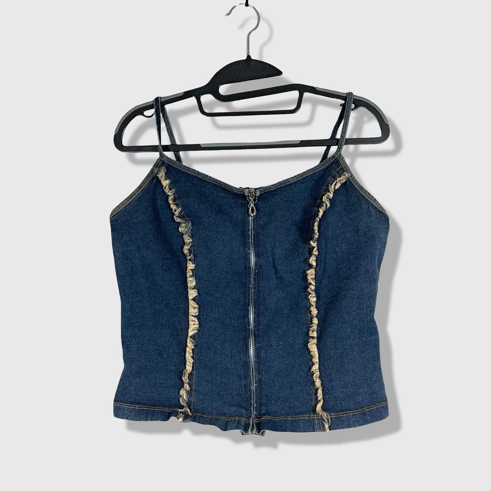 MOA Denim Zip Front Cami Top Womens L Blue Y2K‎ Distressed Aesthetic